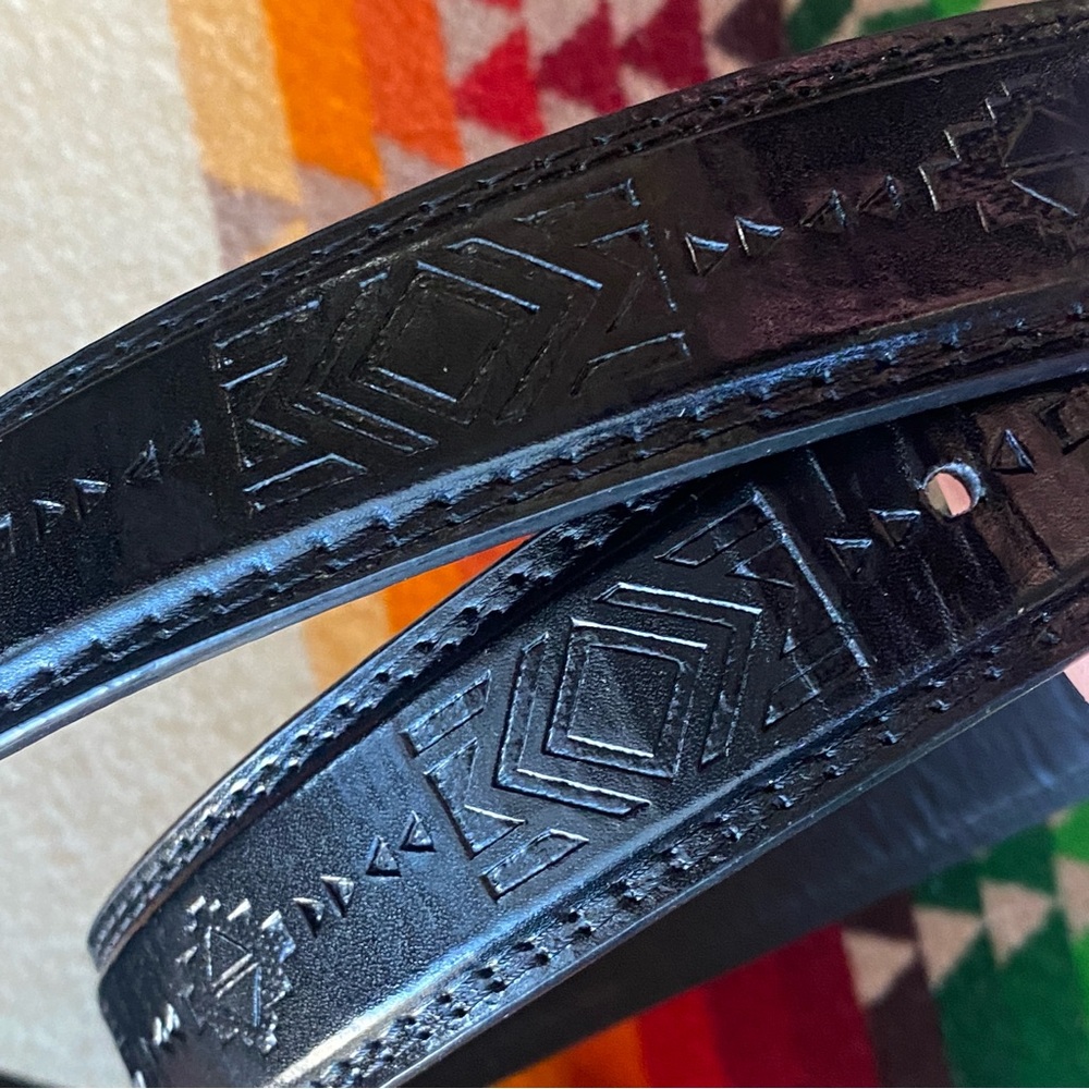 Canyon Sky Black Belt – Southwest Geometric Embossed – Silver Buckle – 44” Long - Picture 5 of 9